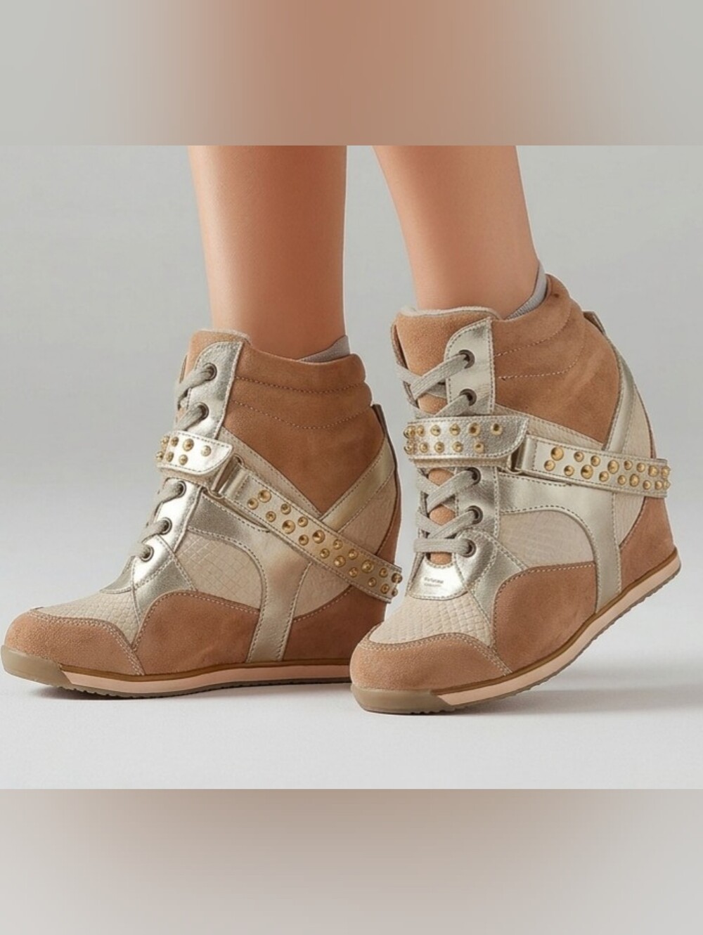 Wedge Sneaker Booties – Gold Studded High-Top Sneakers Size 6